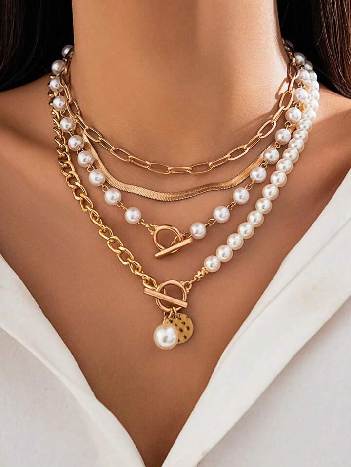 4 Pcs Set Elegant Gold Chain Necklace & Bracelet Decorated With Imitation Pearls - Versatile Metal Jewelry Suits Daily Wear | SHEIN
