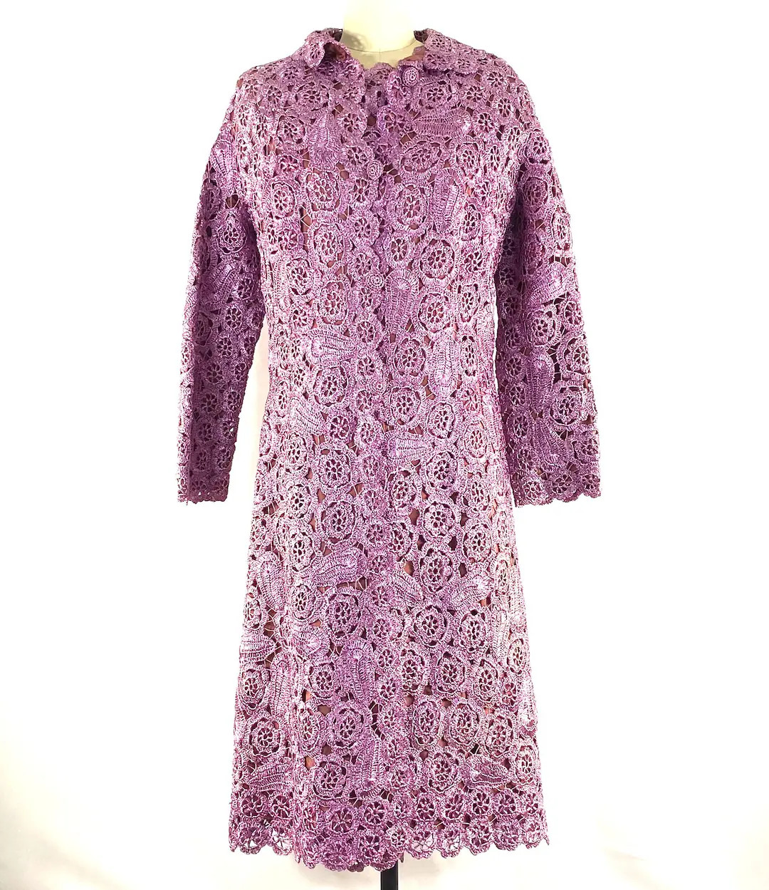 1960s Italian Crocheted Dress and Coat Set - Purple Floral Reflective Thread - Large | Etsy (Global)