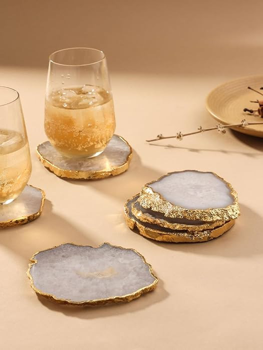 White Agate Coasters for Drinks With Gold Edge 3.5-4", Geode Set of 4, Gemstone Natural Stone for... | Amazon (US)