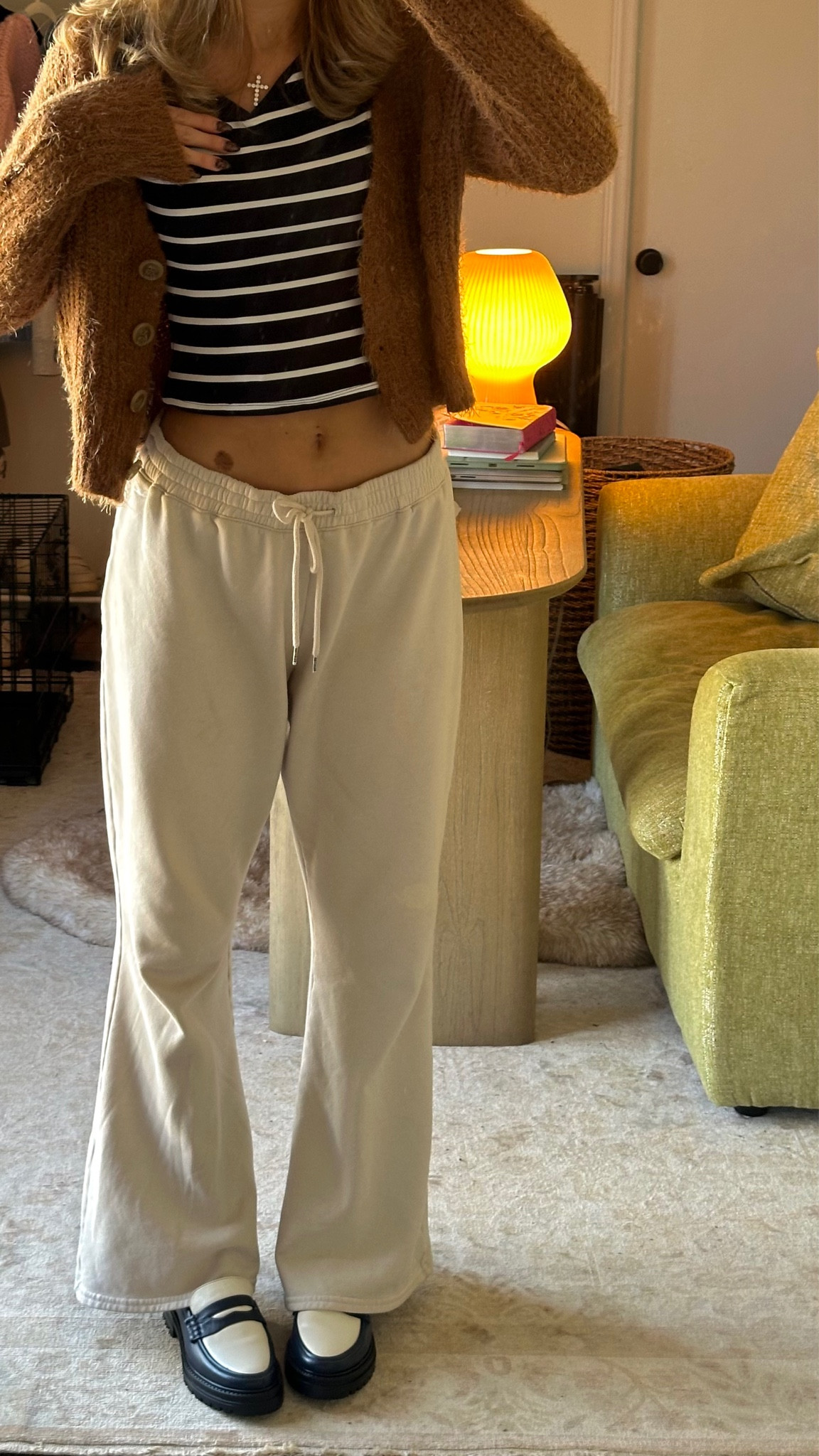 comfy cozy style with these brown & navy vibes🫶🏻 brown mohair cardigan is from Adair in Charlotte from a couple years ago, but i linked some similar ones !! pants are American Eagle 🤍 and the table behind me is from World Market! couldn’t find the exact one but i put a similar one below <3 #homefinds #cozyoutfit 

#LTKsalealert #LTKMostLoved #LTKhome