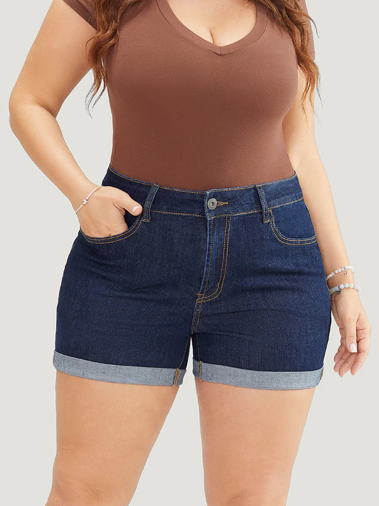 Skinny Very Stretchy Dark Wash Cuffed Hem Denim Shorts | Bloomchic