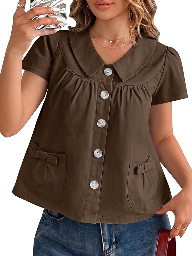 Tankaneo Womens Peter Pan Collar Button Down Shirts Short Sleeve Summer Casual Babydoll Blouse Cu... | Amazon (US)