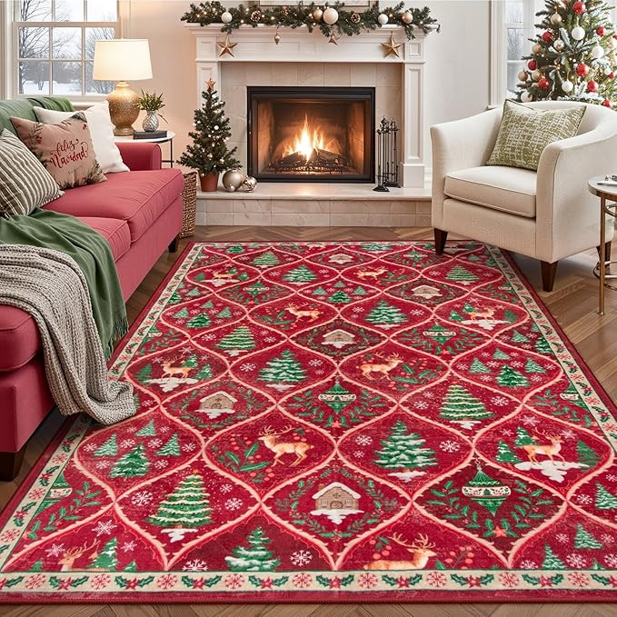 Lahome Christmas Living Room Rug, 5x7 Print Christmas Reindeer Rugs for Bedroom Aesthetic Large W... | Amazon (US)