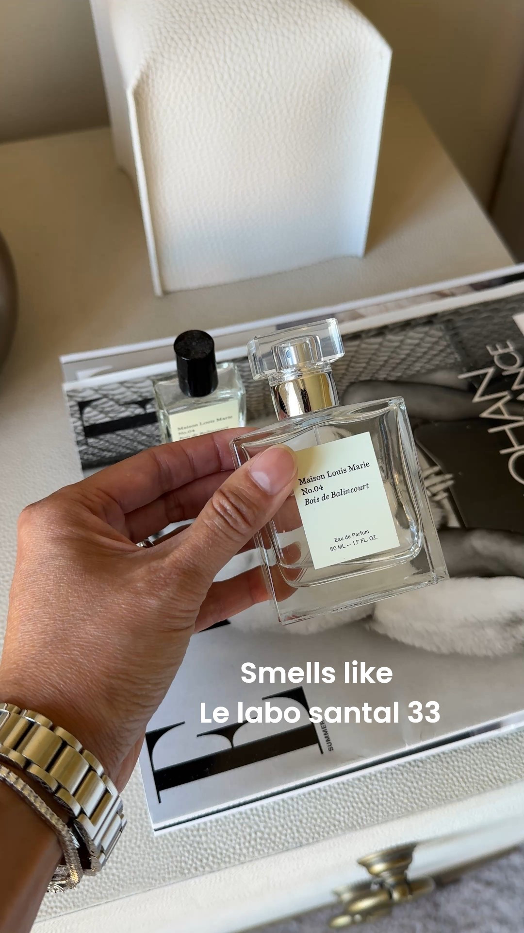 Beauty. Fragrance  A favorite scent that smells like le labo santal 33. I layer it over the perfume oil of the same scent. 