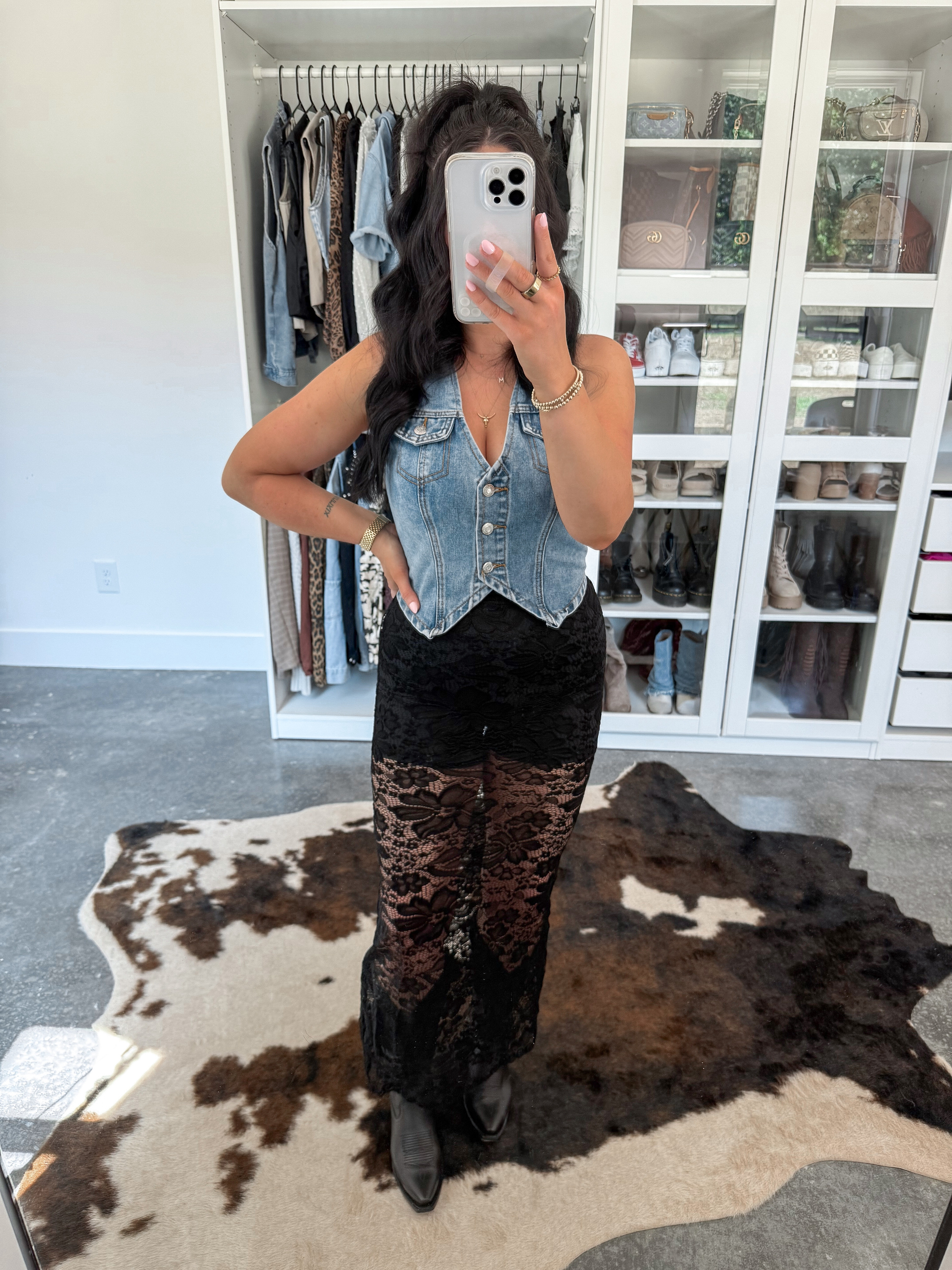 Denim Vest - medium
Lace Skirt - medium (black color option)
Biker Shorts - small

*You could always swap out the biker shorts for a black skirt or I've been people do black underwear style bottoms as well! 

Love this denim and black lace edgy western look! This lace skirt is SO PRETTY! I need to plan some other ways to style it because I'm obsessed! It is sheer so I layered it over some black biker shorts for more coverage! Paired it with one of my favorite denim vests & my black cowgirl boots! 🖤


 

 #LTKFindsUnder50 #LTKFindsUnder100 #LTKShoeCrush