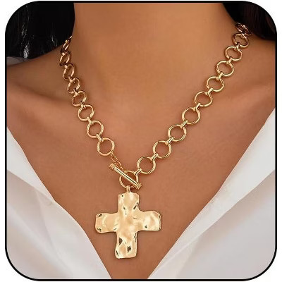 Summit Adventure Gold Chunky Cross Necklace for Women Statement Cross Pendant Necklace Layered Hammered Bold Cross Vintage Toggle Clasp Necklace | Target