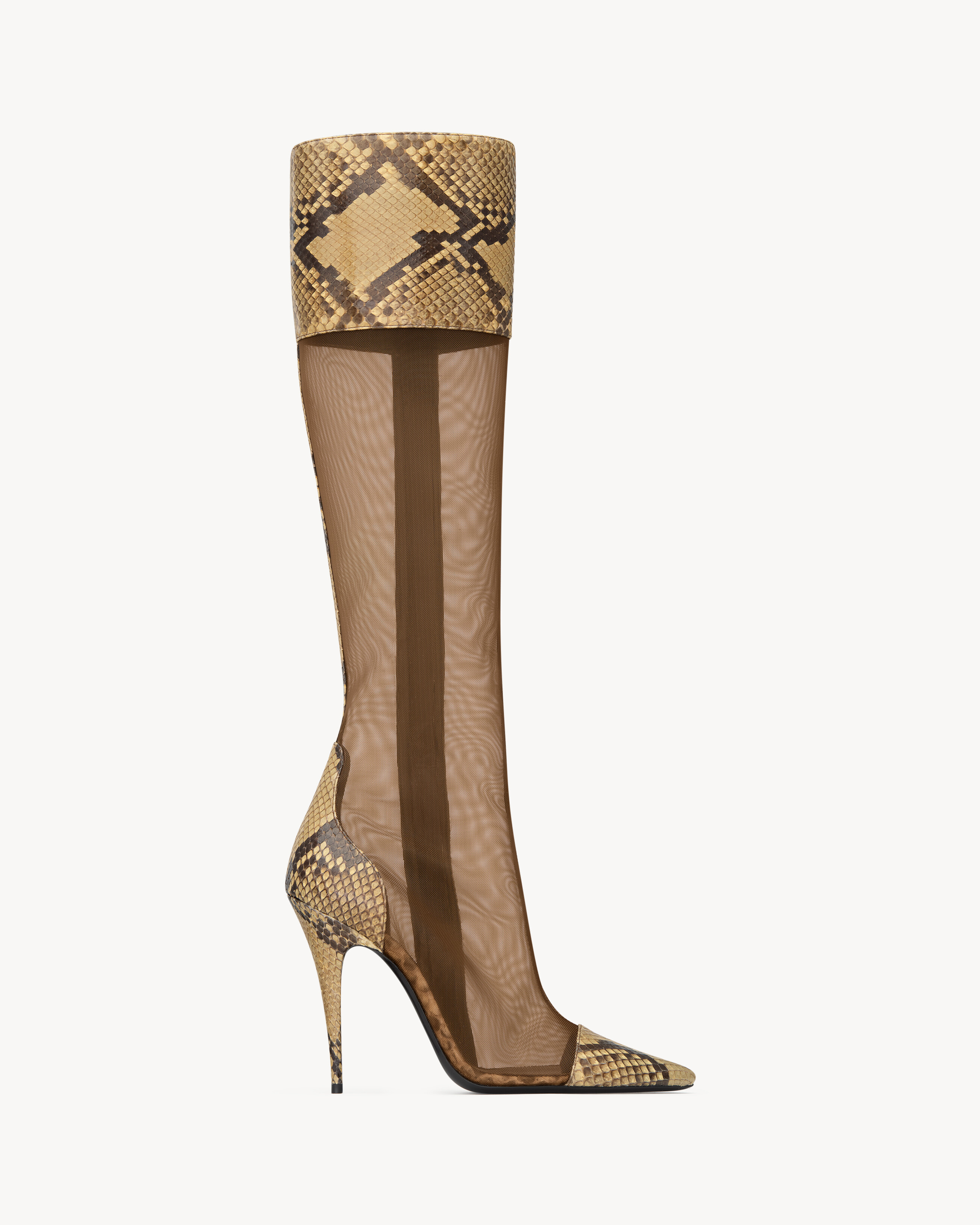 semi-sheer boots with a pointed square toe and covered heel, featuring a side zip closure. | Saint Laurent Inc. (Global)