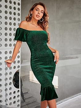 BerryGo Women's Velvet Smocked Off Shoulder Bodycon Midi Dress Maternity Shirred Puff Sleeve Part... | Amazon (US)