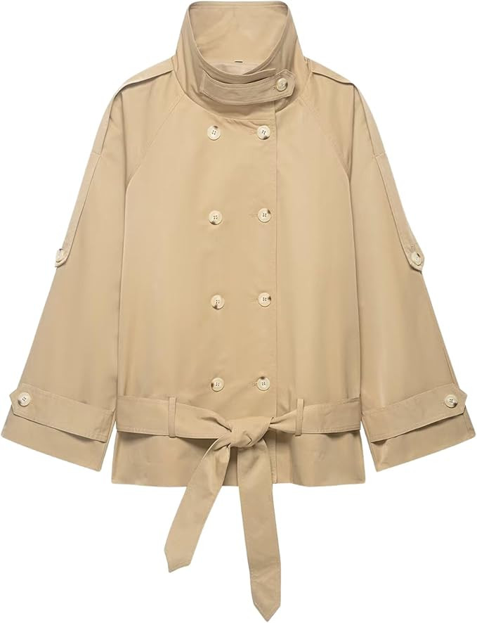 Chevara Women’s Cropped Trench Coat Casual Double Breasted High Neck Long Sleeve Spring Fall Short Jacket with Belt | Amazon (US)