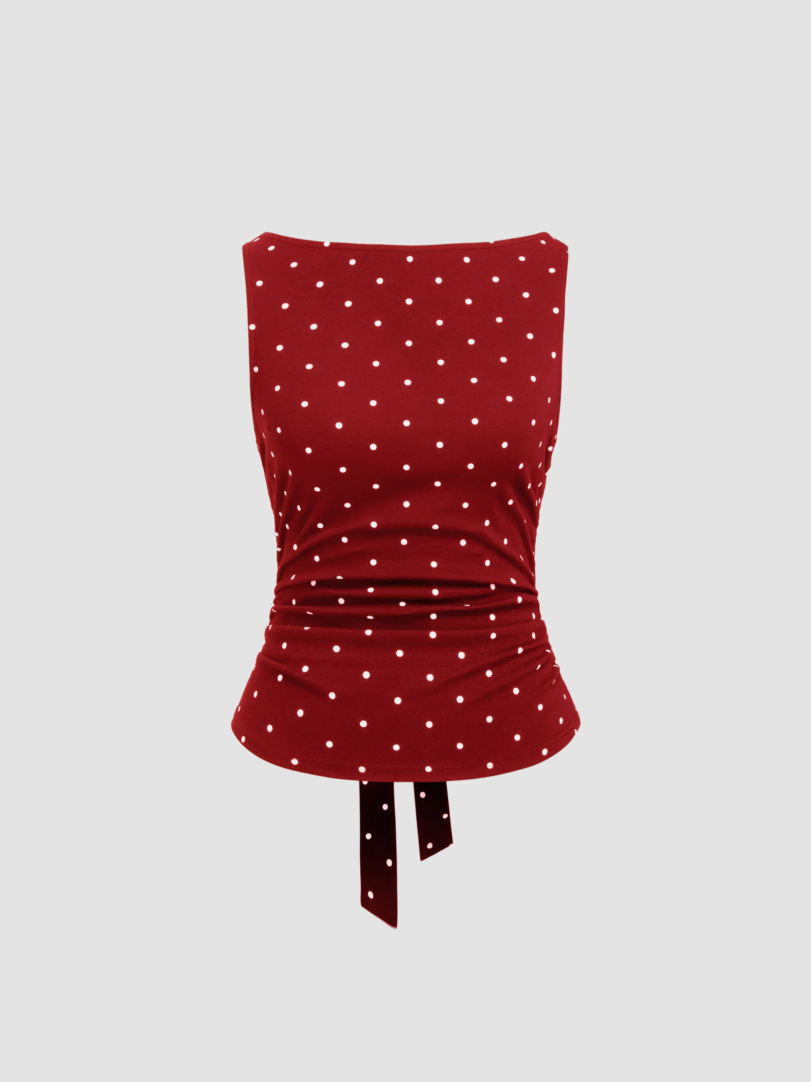 Knit Fabric Cotton-blend Boat Neck Knotted Polka Dot Ruched Tank Top For Daily Casual | Cider
