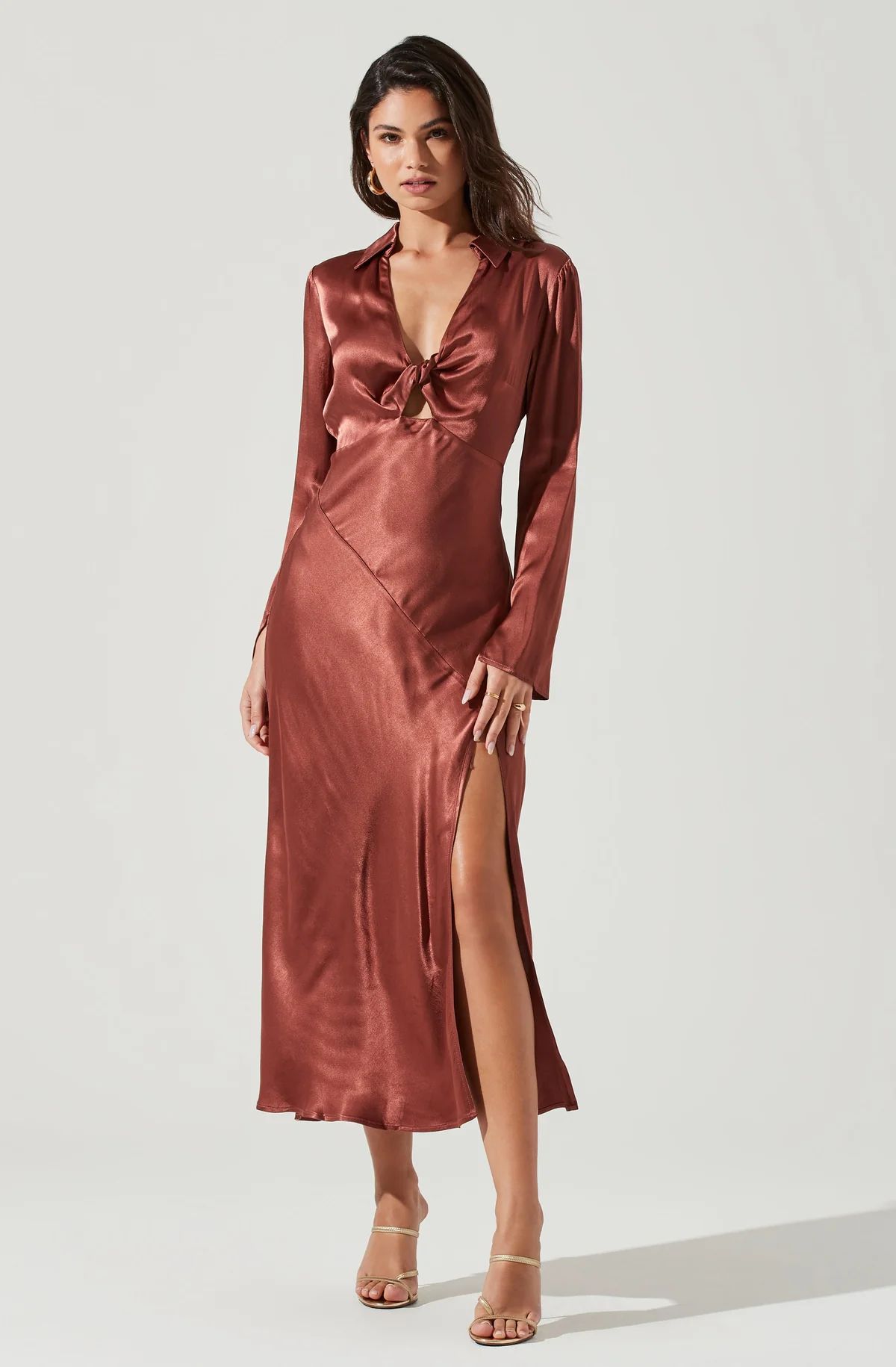 Wanda Satin Cutout Long Sleeve Midi Dress - Marsala / S | ASTR The Label (US)