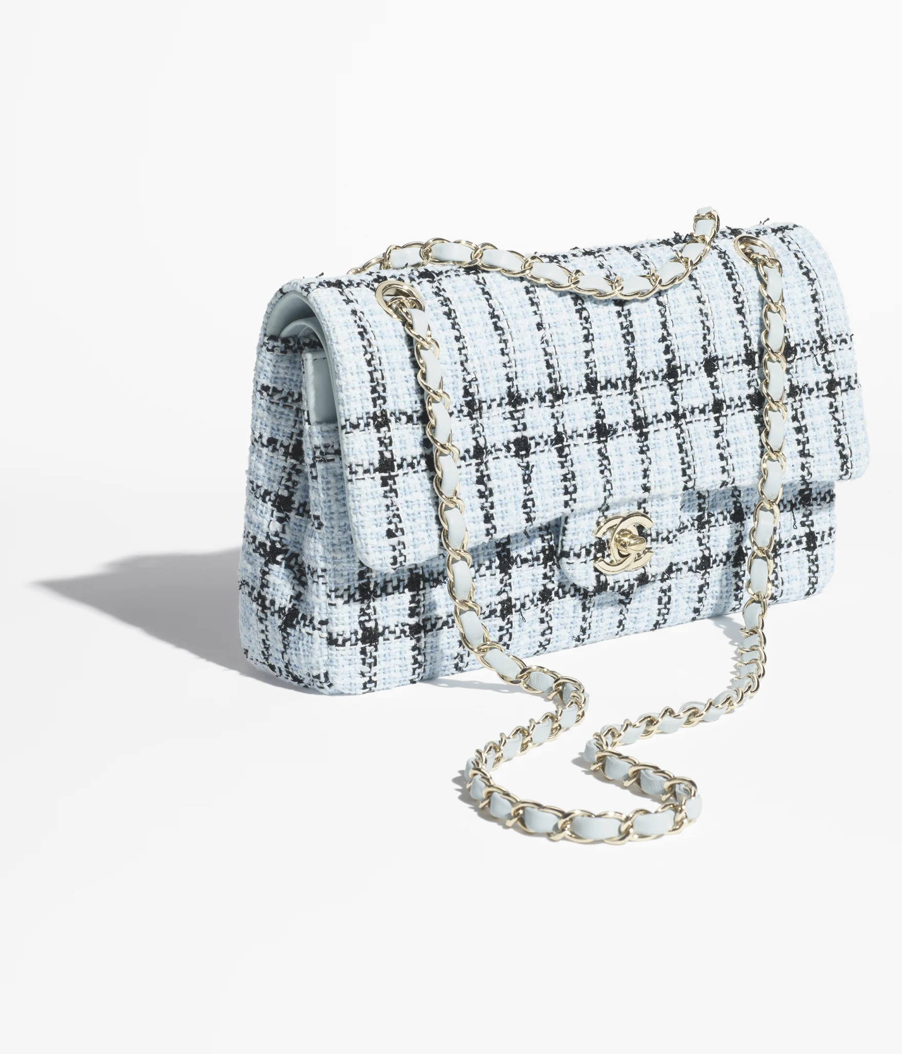 Classic 11.12 handbag, Tweed & gold-tone metal, light blue & black — Fashion | CHANEL | Chanel, Inc. (US)