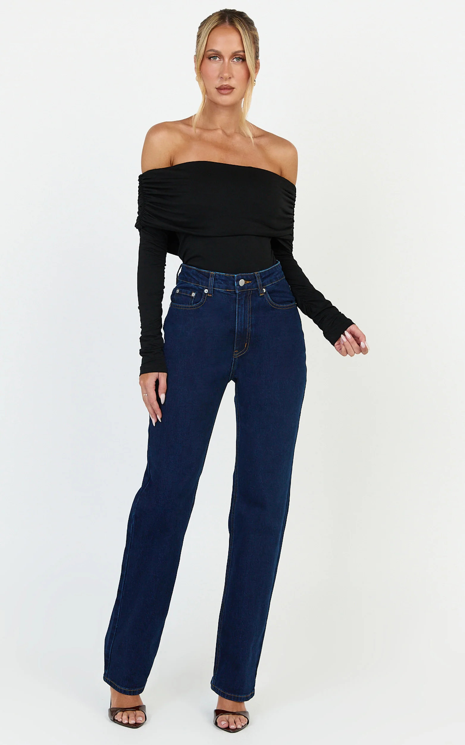 Phoebe Jeans - High Waist Straight Leg Stretch Denim Jeans in Dark Blue Wash | Showpo (ANZ)