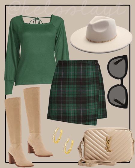 Outfit idea, fall outfit, Walmart outfit, Walmart fashion, plaid skirt, tall boots 

#LTKSeasonal #LTKstyletip #LTKunder50