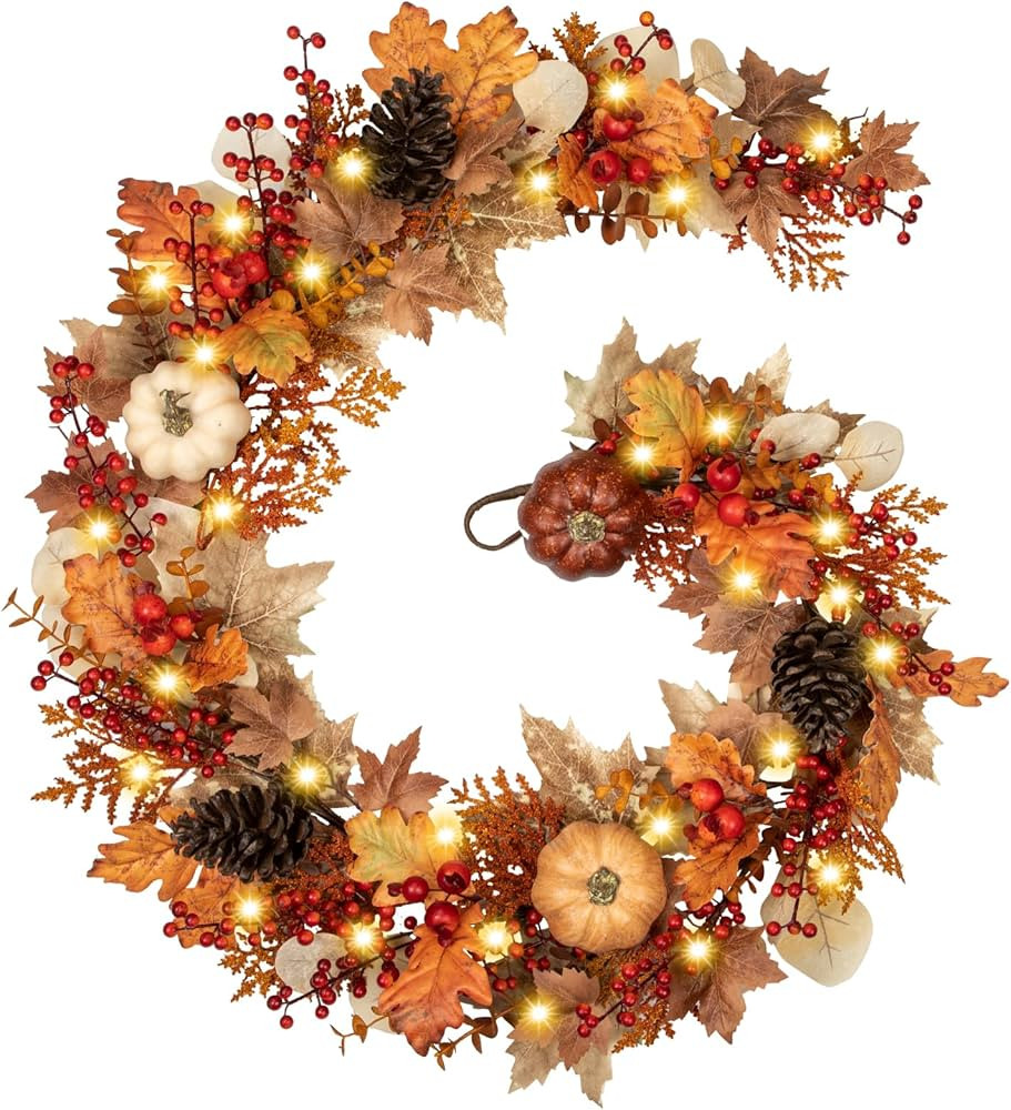 Fall Garland Decor with Lights for Mantle Table Centerpiece，6 Ft Fall Porch Decorations Outdoor... | Amazon (US)
