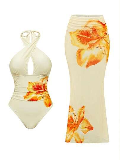 Swim Oasis Oasis Floral Print Halter Neck Tankini Top And Maxi Skirt Swimsuit Set For Women | SHEIN