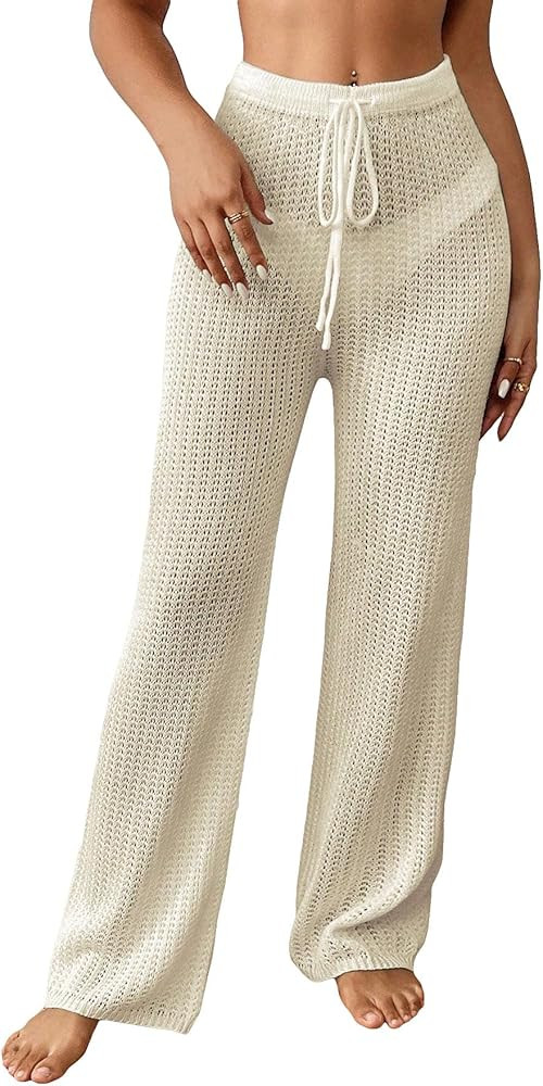 MakeMeChic Women's Crochet Beach Pant Drawstring Waist Bikini Swimsuits Sheer Mesh Cover Up Pants | Amazon (US)
