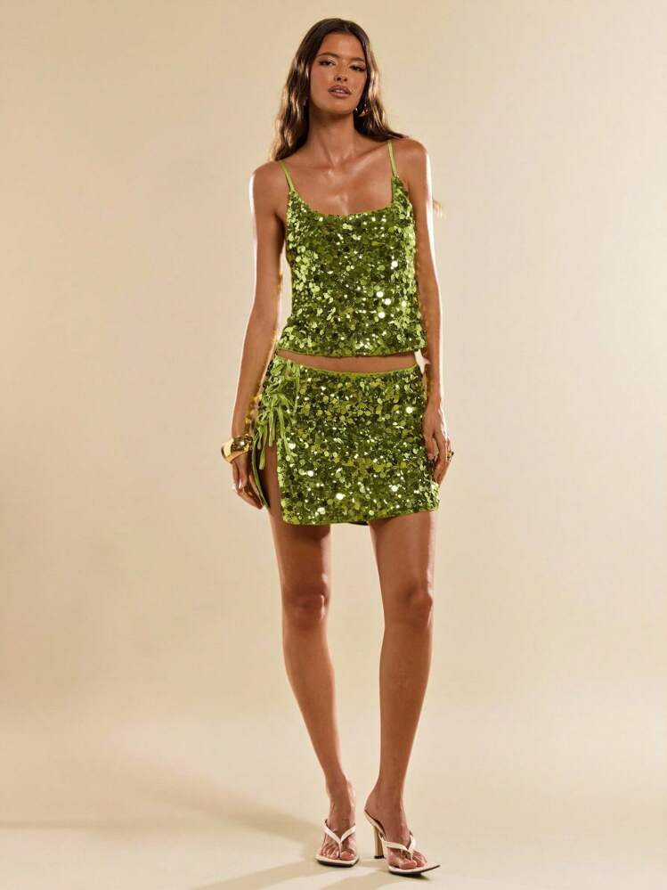 SHEIN BAE Women's Green Fashion Shiny Sequin Camisole, Summer Tops, Sequin Tops, Sleeveless Tops,... | SHEIN