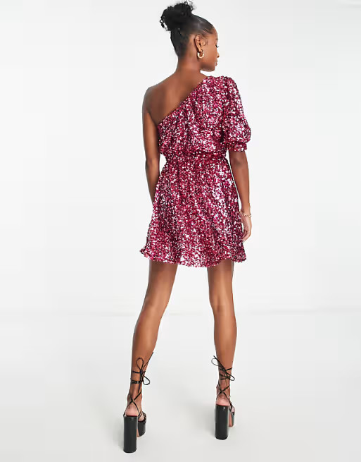Ever New Petite one shoulder puff sleeve sequin mini dress in pink | ASOS (Global)