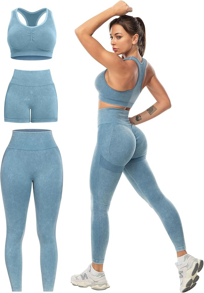 3 Piece Workout Sets for Women Butt Lifting Leggings with High Impact Sports Bra Gym Shorts | Amazon (US)