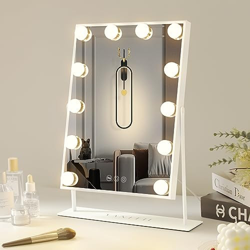 VANITII Lighted Vanity Hollywood Mirror with Lights Makeup Mirror with 12 Dimmable Bulbs Smart Touch Control 3 Colors Light for Tabletop Bedroom, Detachable 10X Magnification | Amazon (US)