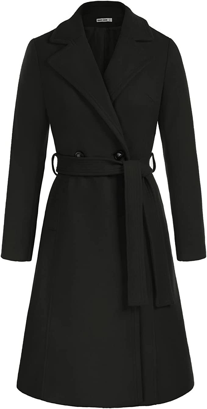 Amazon.com: Womens Notched Lapel Collar Double Breasted Pea Coat Winter Wool Blend Over Coats Mid... | Amazon (US)