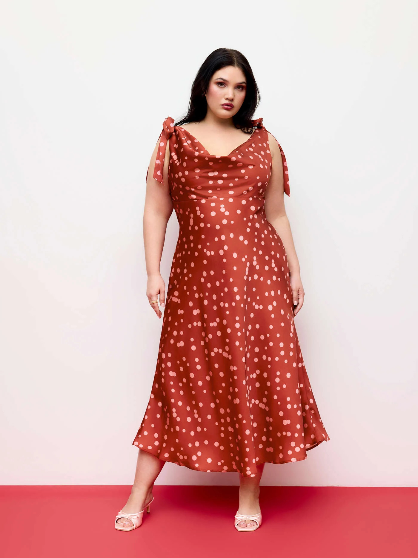 Satin Cowl Neck Polka Dot Mermaid Maxi Dress Curve & Plus | Cider