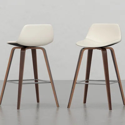 Counter/Bar Stool Of 2 - Cream Leather Look Brown Veneer Footrest Furniture Option Mid-Century Modern Stools   2  , Footrest, Legs, Assembly | Wayfair North America