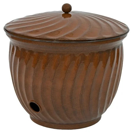 Sunnydaze 19.5" Metal Decorative Garden Hose Holder Pot with Lid, Brown Glaze | Walmart (US)