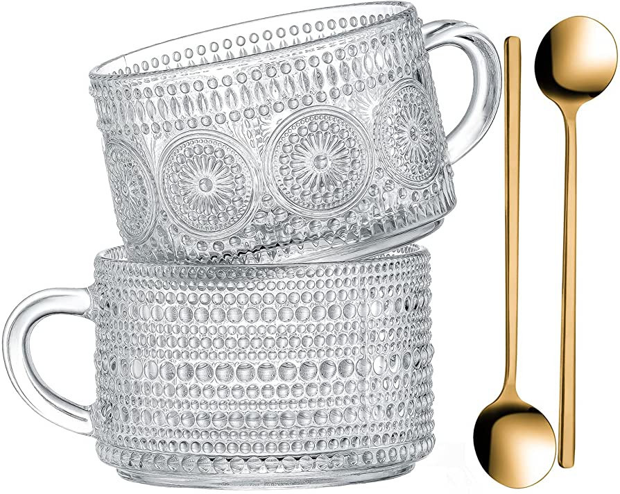 Gezzeny Vintage Glass Coffee Mugs 14 Oz Set of 2 Clear Embossed Tea Cups, Glass Coffee Cups for C... | Amazon (US)
