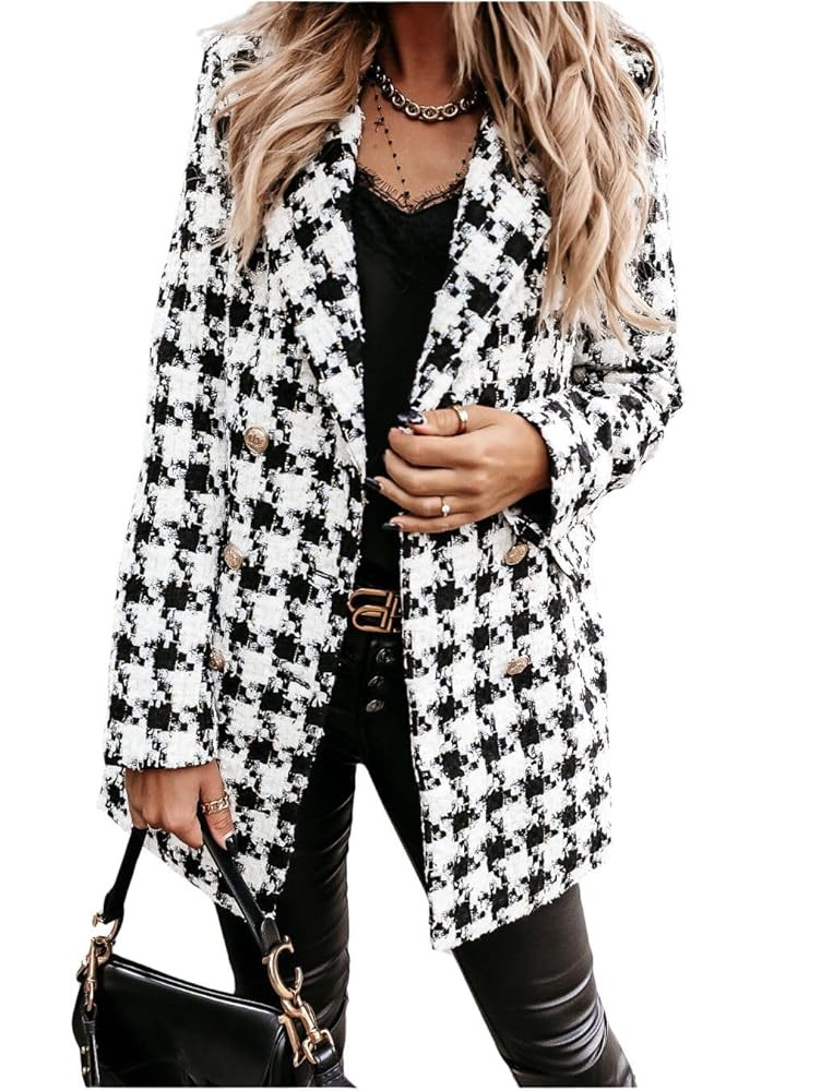 Womens 2025 Fashion Tweed Blazers Business Casual Double Breasted Open Front Plaid Blazer ... | Amazon (US)