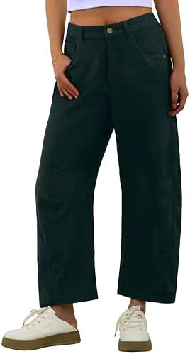IWOLLENCE Women's Corduroy Barrel Pants Mid-Rise Elastic Waist Casual Cord Wide Legs Baggy Pant w... | Amazon (US)