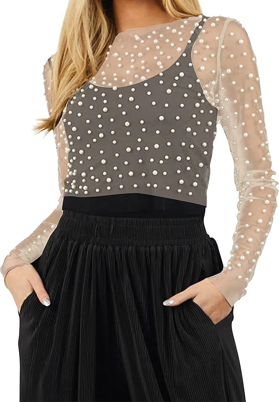 Lauweion Women See Through Sheer Pearl Tops Long Sleeve Slim Fit Elegant Mesh Pearl Shirts Cover ... | Amazon (US)