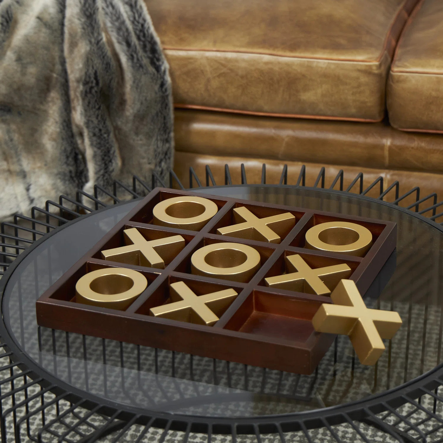 Wooden Tic Tac Toe Decor Brown Game Set with Gold X and O Pieces | Wayfair North America