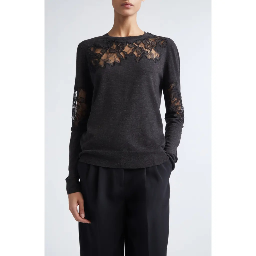 Jason Wu Collection Lace Inset Merino Wool Crewneck Sweater in Graphite at Nordstrom, Size Large | Nordstrom