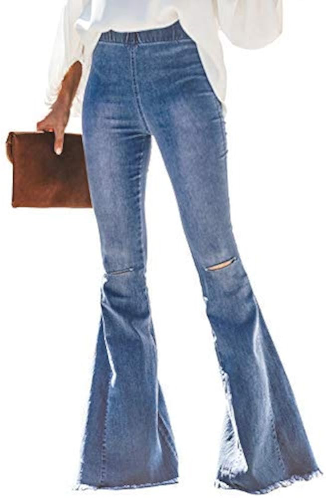 Sidefeel Women Destroyed Flare Jeans Elastic Waist Bell Bottom Raw Hem Denim Pants | Amazon (US)
