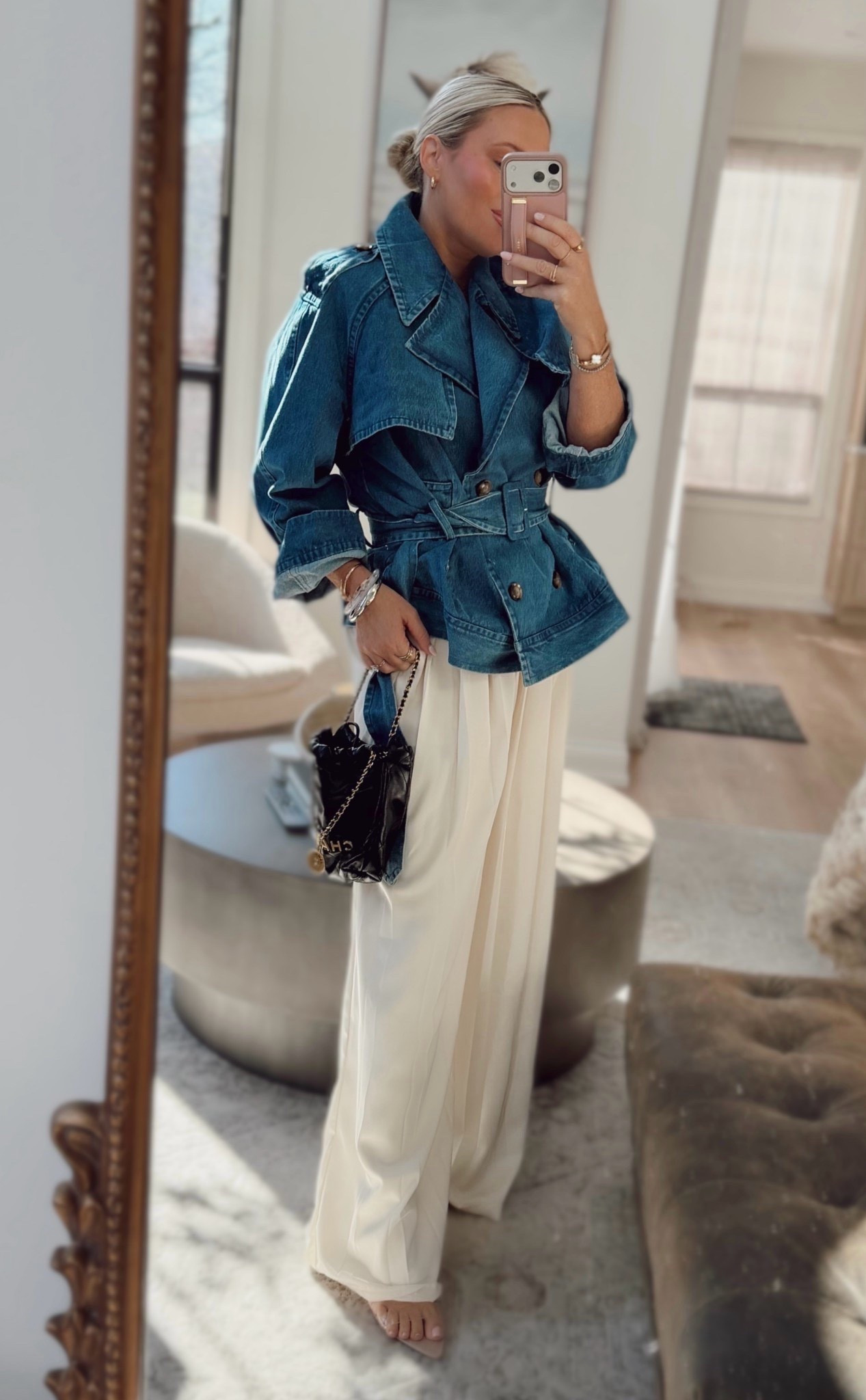 Obsessed with this outfit🤍🔥. The silhouette of these pants is so flattering and they’re under $90. They come in three colors and are such a good elevated everyday piece. I’m wearing a medium in the pants and S/M in the denim blazer jacket.
Think showers, graduations, brunch, date night- so good! 🤍🤍🤍

Spring outfits. Denim wrap coat. High collar. White pants. Dressy. Easter. Graduation. 



#LTKootd #LTKWorkwear #LTKSeasonal