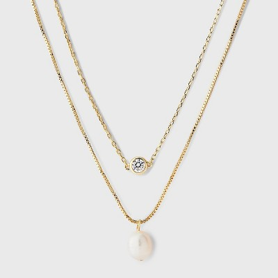 14K Gold Plated & Cubic Zirconia with Freshwater Pearl Multi-layer Necklace - A New Day™ Gold | Target