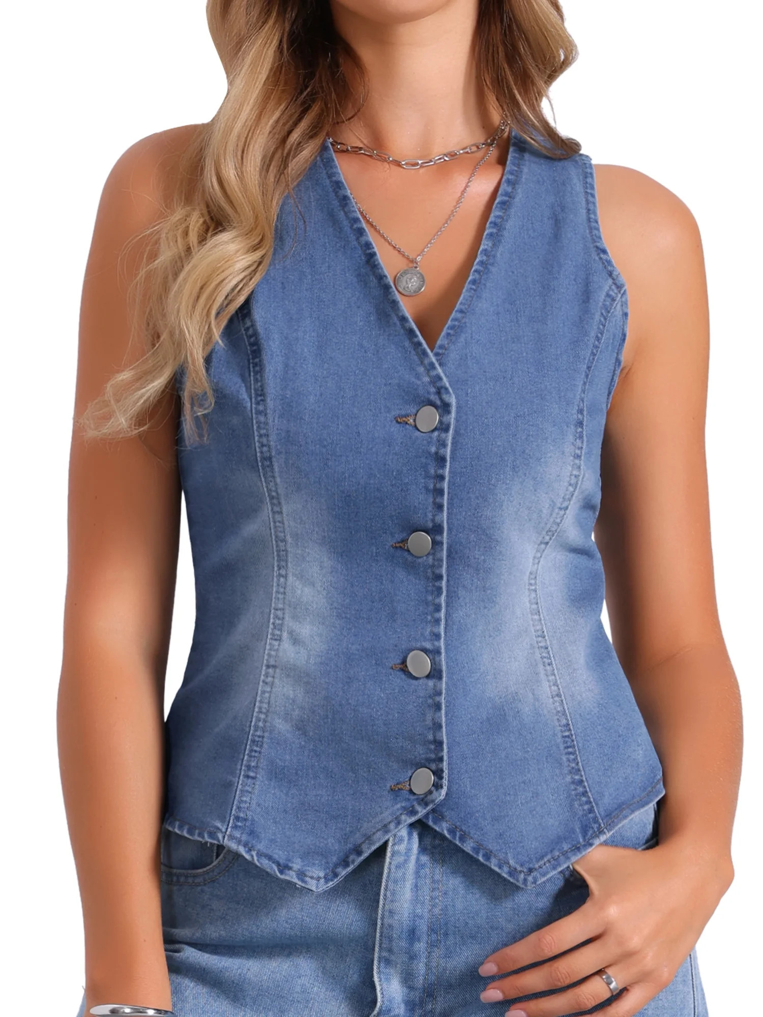 INSPIRE CHIC Women's Denim Vest V Neck Sleeveless Button Down Jean Waistcoat Casual Jacket XS Lig... | Walmart (US)