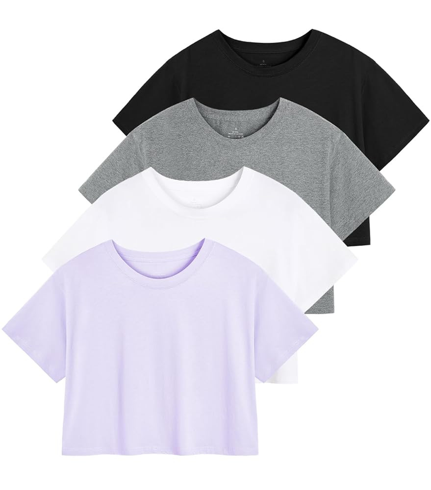 Cosy Pyro 4-Pack Women's Cotton Crop T-Shirts Short Sleeve Solid Cropped Athletic Top Round Neck ... | Amazon (CA)