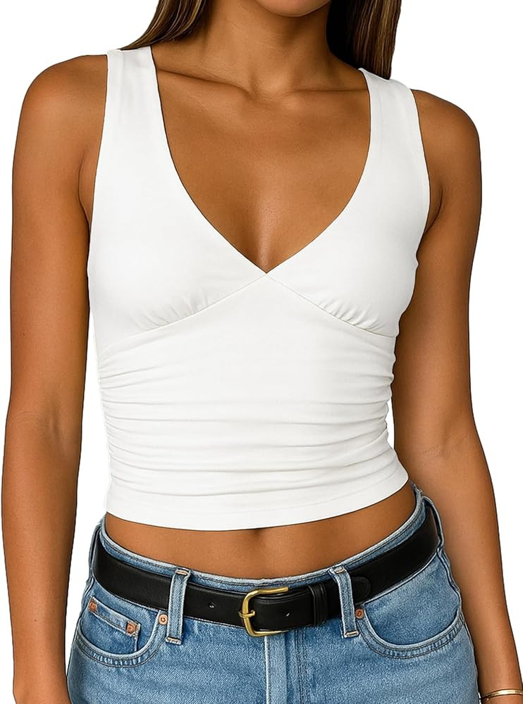 ForeFair Womens Deep V Neck Crop Tank Tops Going Out Double Lined Sexy Crop Top Sleeveless Slim F... | Amazon (US)