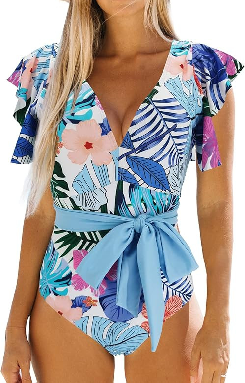 Binlowis Deep V Neck Flounce One Piece Swimsuit Ladies Floral Print Plunging Beachwear Bathing Su... | Amazon (US)