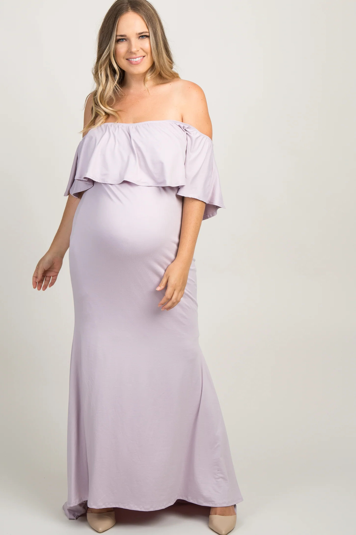 Lavender Ruffle Off Shoulder Mermaid Maternity Plus Photoshoot Gown/Dress | PinkBlush Maternity