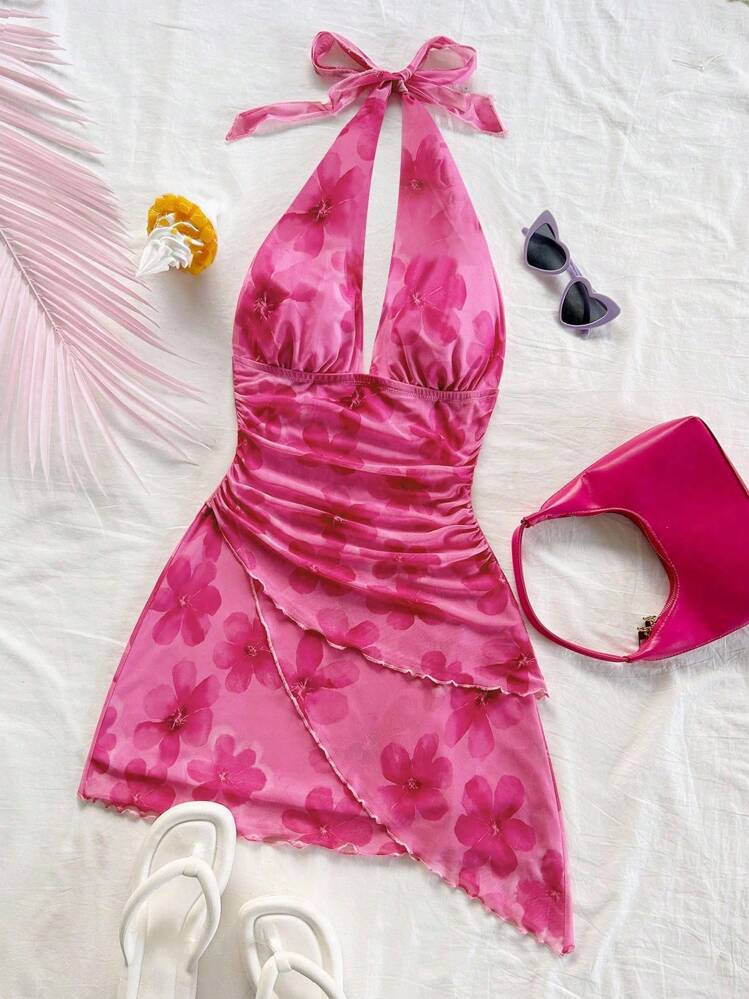 Soleia Beach, Music Festival, Summer Holiday Floral Print Halter V-Neck Tie Neck Mesh Ruched Romantic Vacation Dress For Women,Summer Dresses For Women;Autumn And Winter;Back To School;Homecoming;Concert;Halloween;Christmas;Teacher;Night Out Going Out Tops;Cute;Sexy;Graphic | SHEIN