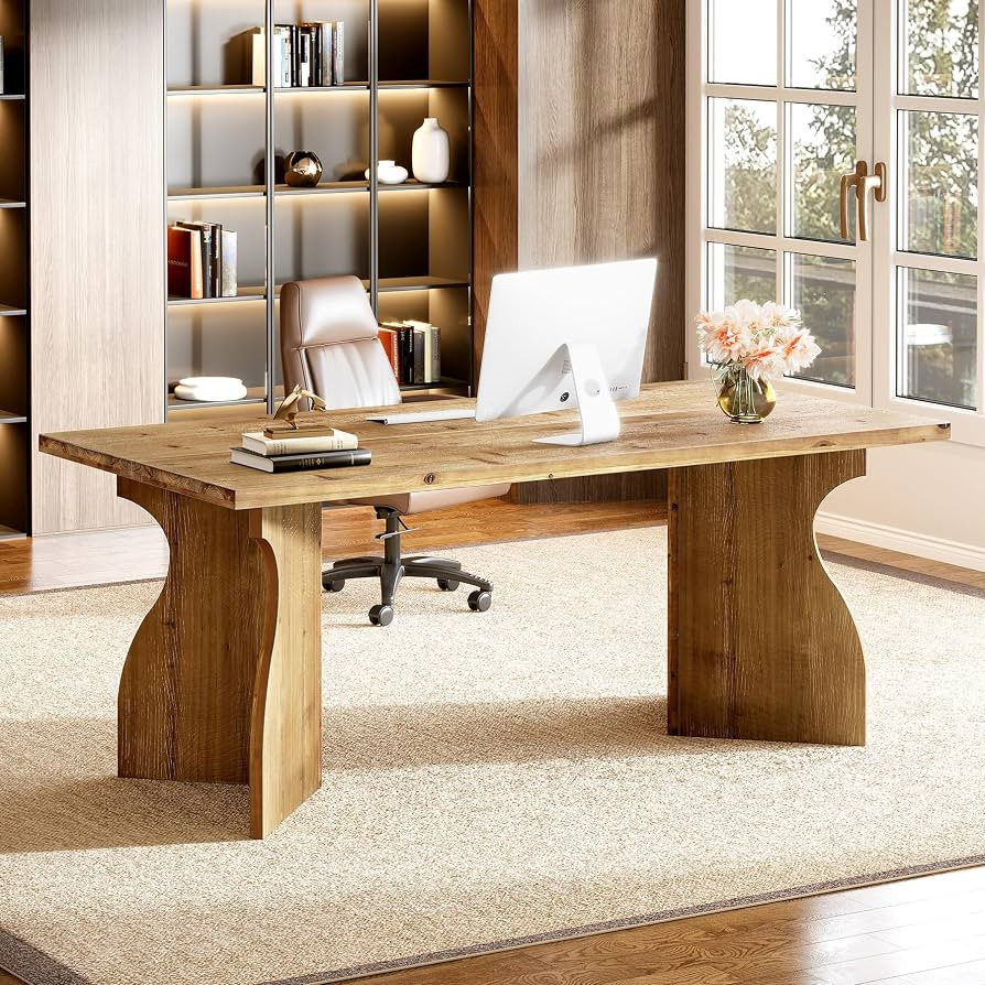 63-Inch Solid Wood Office Desk, Large Farmhouse Executive Desk with Heavy-Duty Pedestal Base, Rec... | Amazon (US)