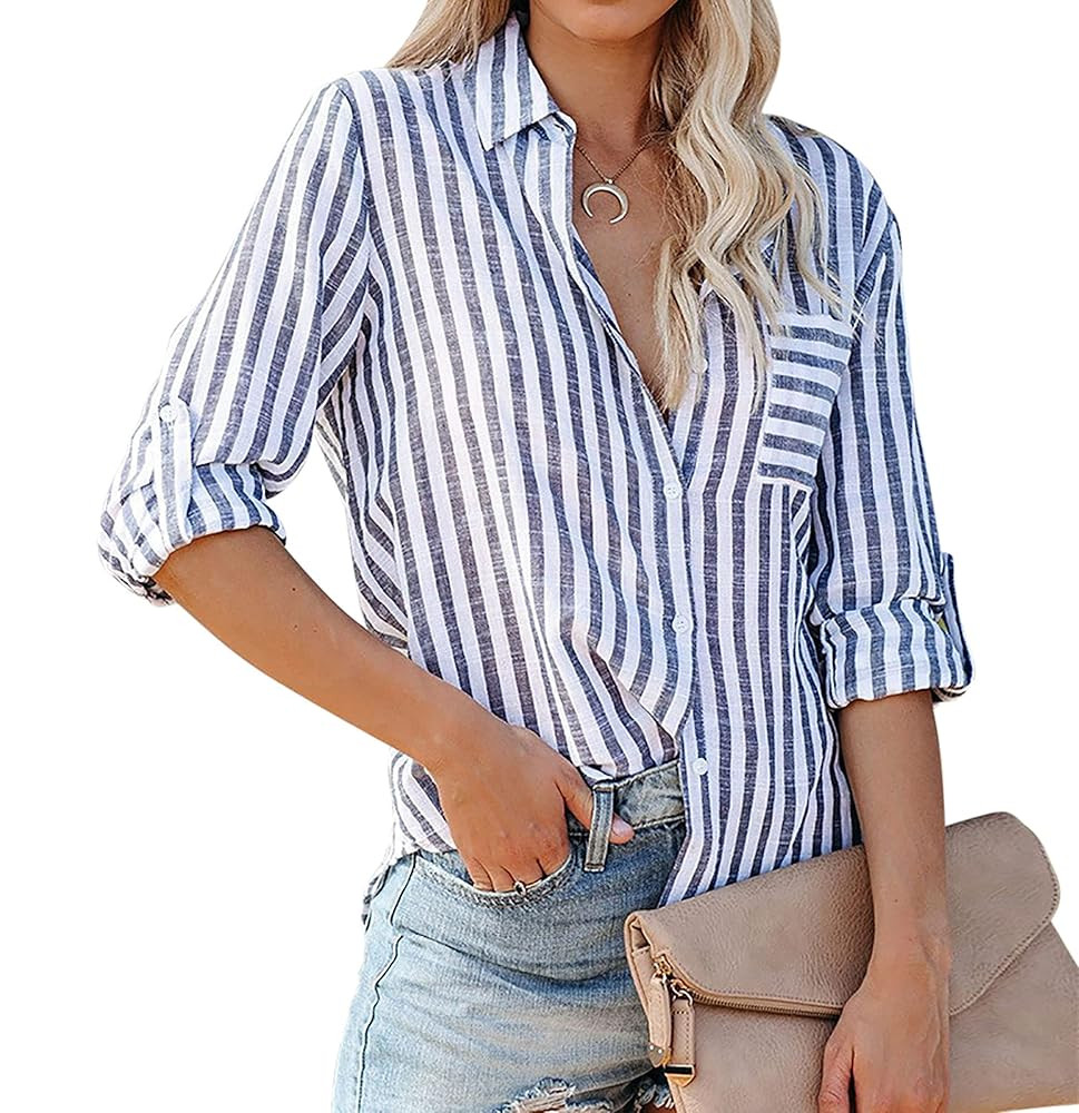R.Vivimos Women's Fall Cotton Long Sleeves Roll Up Striped Casual V Neck Button Down Shirts Blous... | Amazon (US)