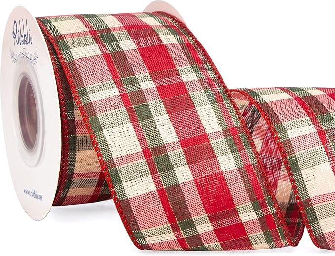 Ribbli Christmas Ribbon Wired, Red Moss and Ivory Plaid Ribbon 2-1/2 inch x Continuous 10 Yard, C... | Amazon (US)