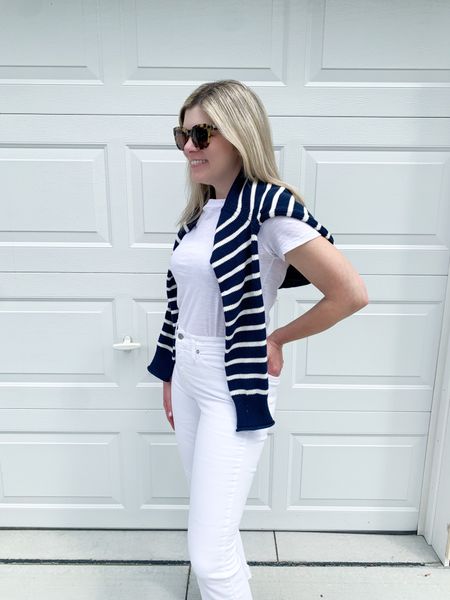 Fall outfit idea, striped sweater, white jeans outfit 