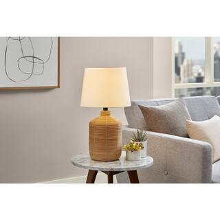 Hampton Bay Carlburg 19.75 in. Natural Rattan 1-Light Table Lamp with Black Accents and White Fab... | The Home Depot