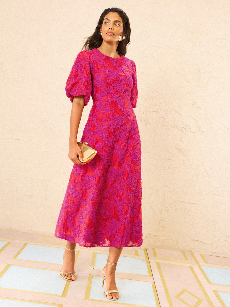 Love & Roses Red Textured Puff Sleeve Crew Neck Midi Dress | Next US